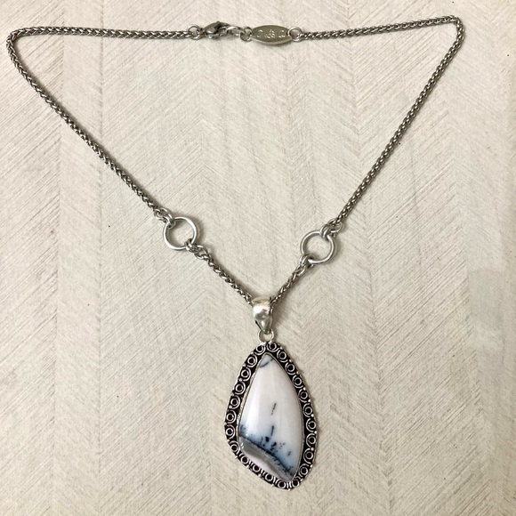 925 sterling silver overlay white grey agate gemstone charm boho stone necklace - Picture 12 of 14